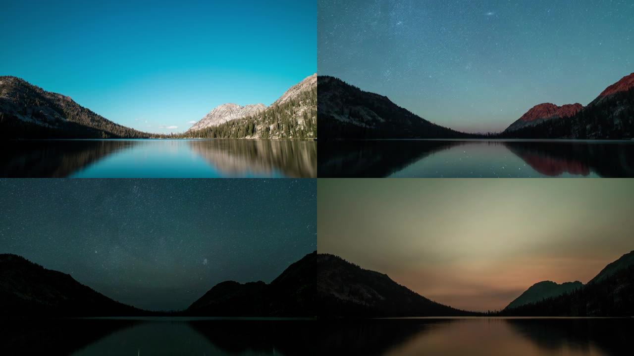 Toxaway湖-爱达荷州锯齿荒野-夏季-白天到晚上到白天的时间-流逝