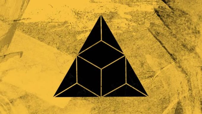 圆形网络在黑色黄色纸上三角形切口上旋转的动画