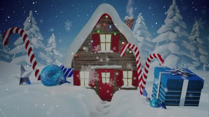 冬天下雪的房子和圣诞节装饰的动画