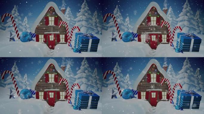 冬天下雪的房子和圣诞节装饰的动画
