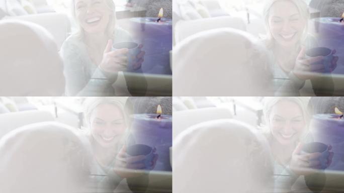 快乐的多元化夫妇在蜡烛上喝咖啡的动画