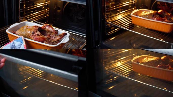 煮鸭子，从烤箱里放出来。生活方式。圣诞节或感恩节的概念。
