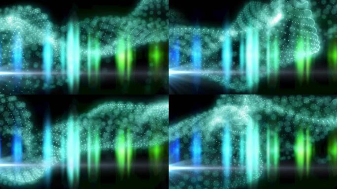 黑色背景上带有蓝色和绿色灯光的发光蓝色粒子形式的动画