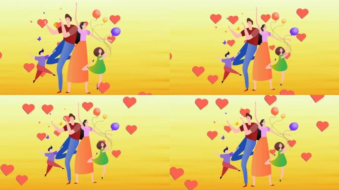 黄色背景上快乐家庭与气球和红心跳舞的插图动画