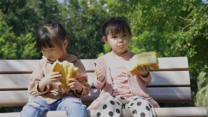 在公园野餐，孩子们吃面包