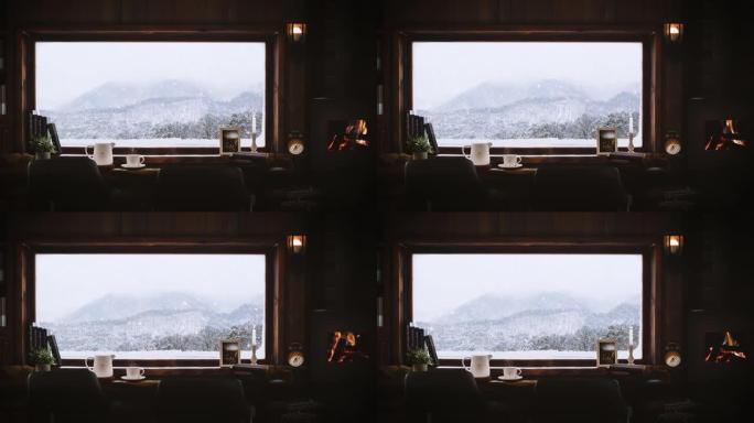 壁炉、咖啡和温暖的山间小屋的雪景