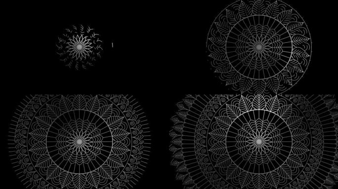 抽象装饰数字手绘银色曼荼罗，动画镜头。花卉复古装饰元素的东方图案。