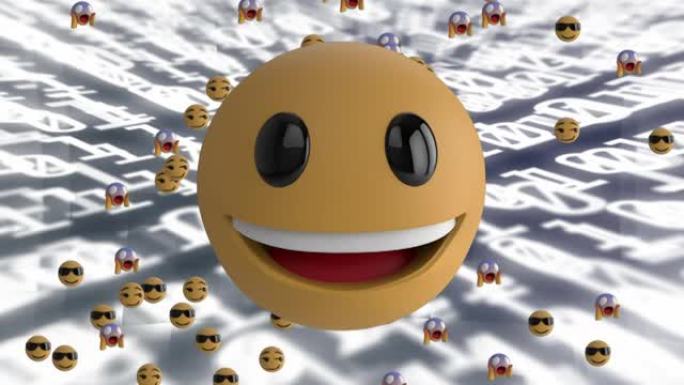 背景中带有二进制代码的浮动表情符号上的快乐表情动画