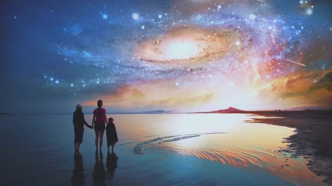 孩子们手牵手看着遥远的外星球海岸上的宇宙。美丽的电影场景。象征或希望、想象、未来。