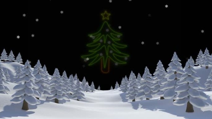 霓虹圣诞树在降雪和冬季景观上的动画