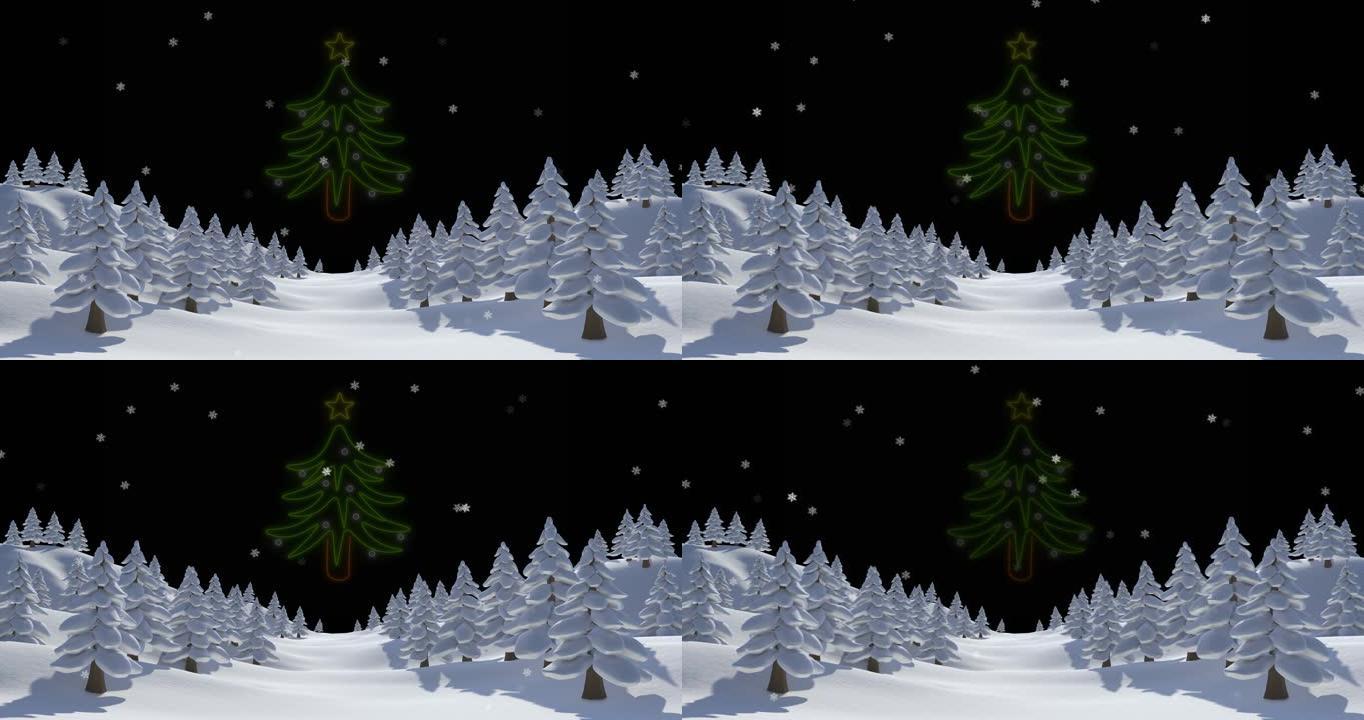 霓虹圣诞树在降雪和冬季景观上的动画