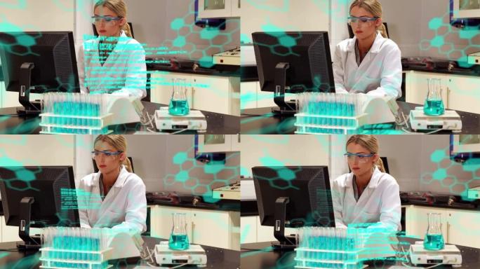 使用计算机对女科学家进行科学数据处理的动画