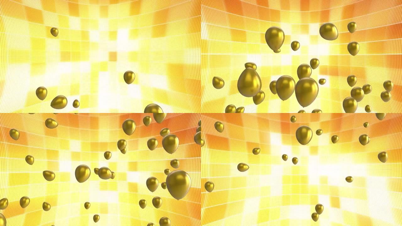 金色气球移动闪烁黄色和橙色灯光墙的动画