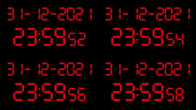 时钟倒计时十秒，直到新年2022，数字电子段显示，红色在黑色
