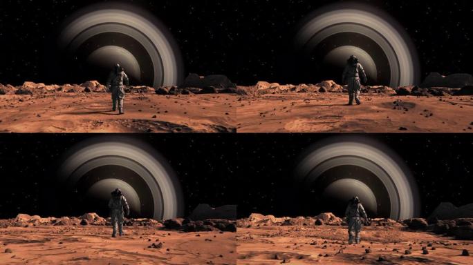 勇敢的宇航员穿着宇航服自信地行走在火星上，前往布满岩石的外星红色星球土星。第一位登上火星的宇航员。先