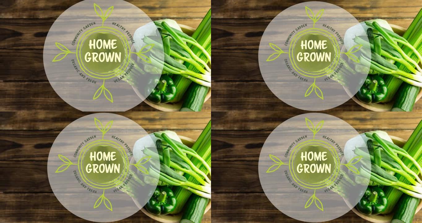 自制素食主义者的动画制作绿色文本，在木板上的一碗新鲜蔬菜上