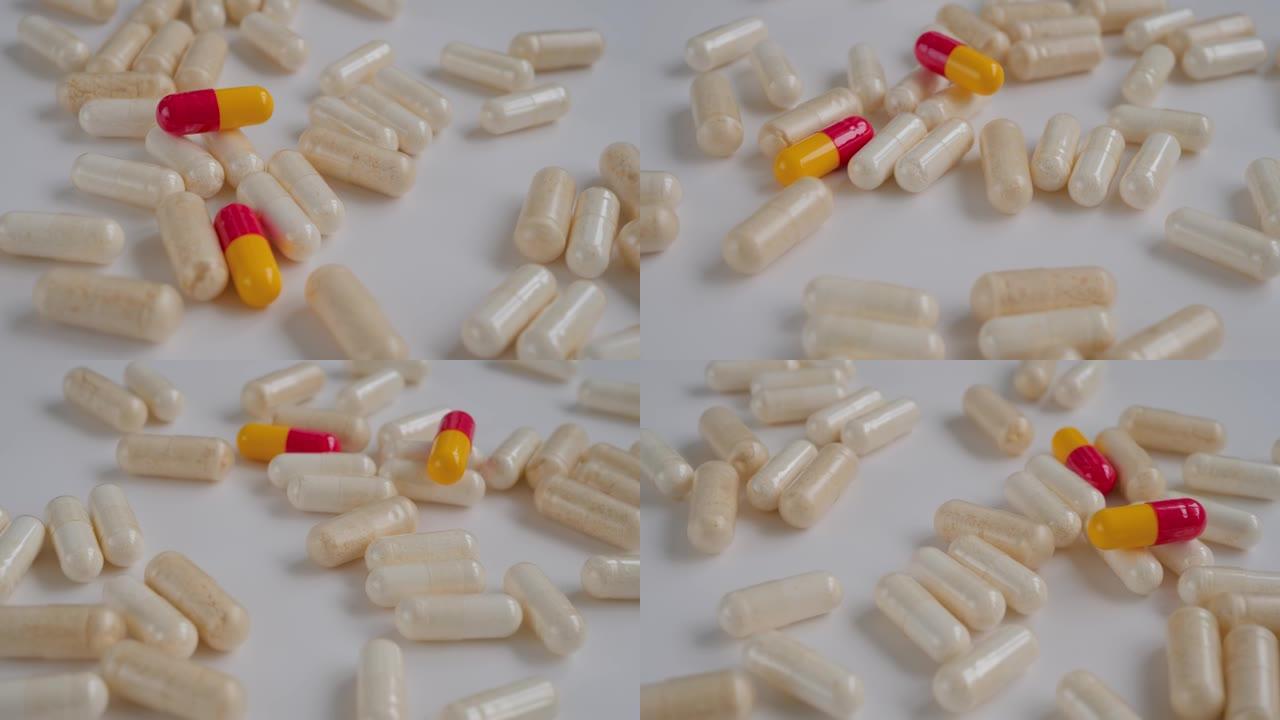 药丸，片剂，药物，药物，药物在白色表面上旋转-特写