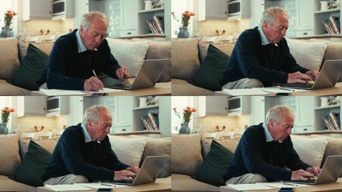 4k视频片段，一名老人坐在家里，拿着文书工作和他的笔记本电脑