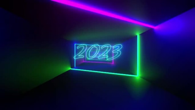 蓝色霓虹灯动画2023年文本，彩色霓虹灯光束在黑色背景上移动