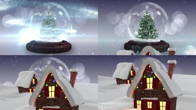 雪花落在圣诞树上的动画和带有房屋的冬季风景