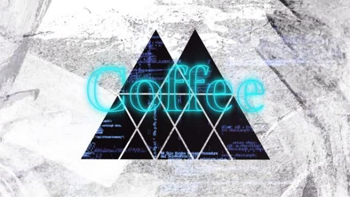 蓝色和三角形的咖啡文本动画在脏白纸中切割，处理数据