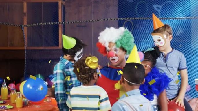 在生日聚会上，五彩纸屑掉落在不同的孩子和小丑上的动画