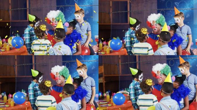 在生日聚会上，五彩纸屑掉落在不同的孩子和小丑上的动画