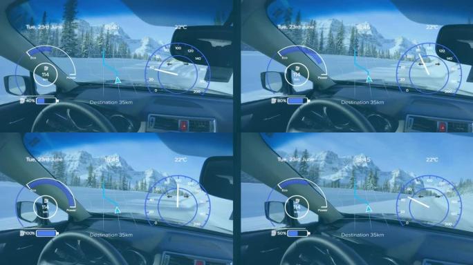 冬季景观中汽车内饰上的车速表，gps和充电数据在接口上的动画