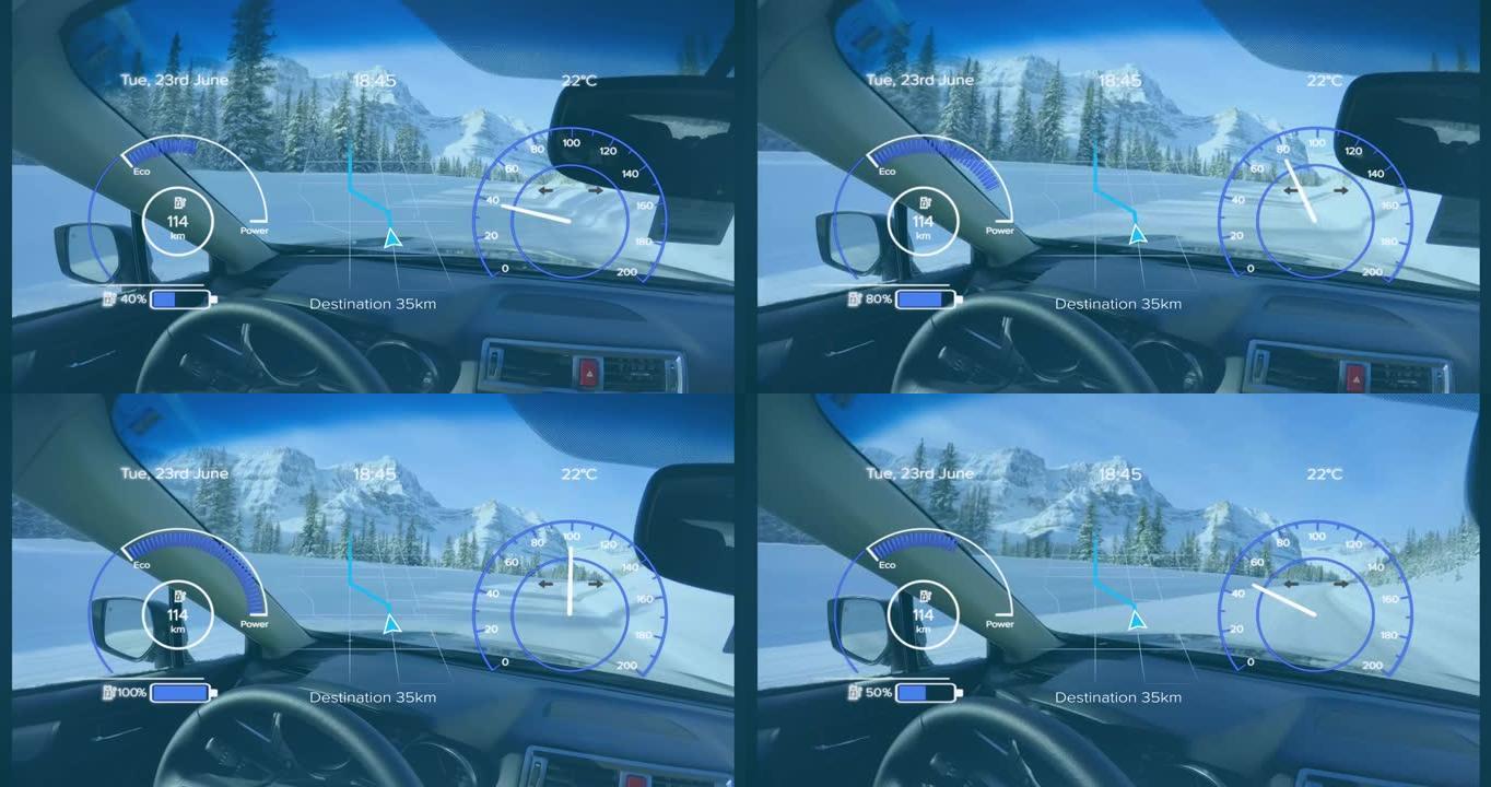 冬季景观中汽车内饰上的车速表，gps和充电数据在接口上的动画