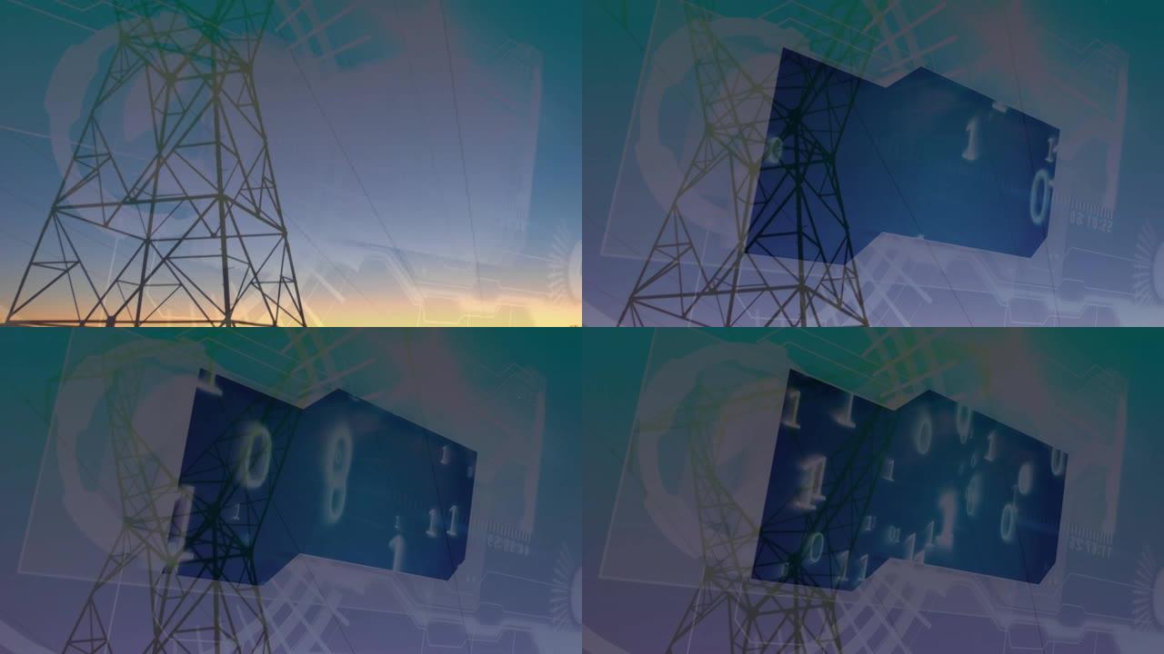 用电塔在景观上进行二进制编码的动画