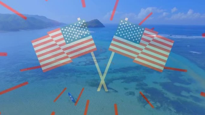 动画的两个交叉的美国国旗和红色条纹在阳光灿烂的海滩和海洋