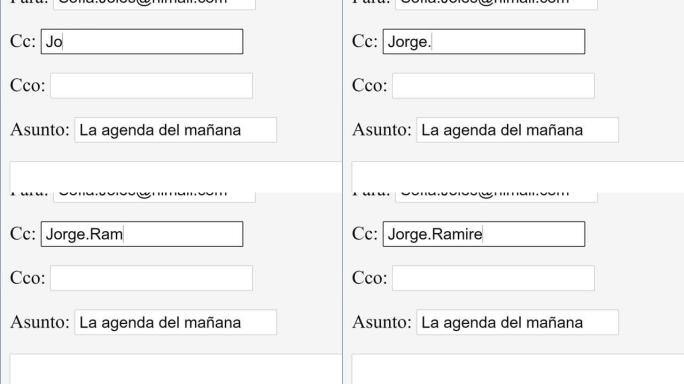 西班牙语。在抄送在线框中输入电子邮件地址。包括抄送输入电子邮件联系人在线网络网站。键入以在循环中添加