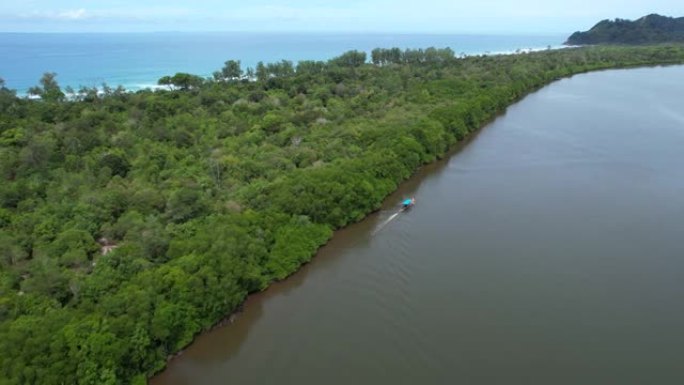 泰国攀牙府红树林湿地河中的4k鸟瞰图多莉倾斜长尾船