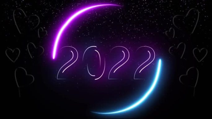 动画2022年文本红色和粉色霓虹灯心和夜空上移动的红色和粉色灯光
