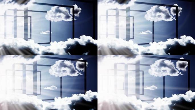 蓝天，云彩，阳光明亮，矩形入口光滑。具有视差效果的4K 3D创意视频动画。