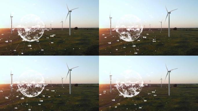 带有乡村风力涡轮机数量的地球仪动画