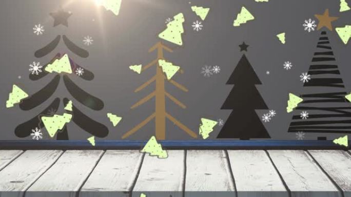 黑色背景上的雪和树木掉落在圣诞树上的动画