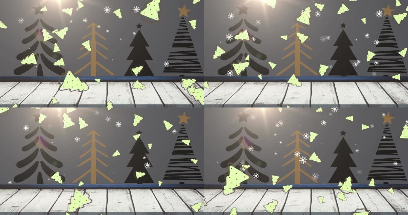 黑色背景上的雪和树木掉落在圣诞树上的动画