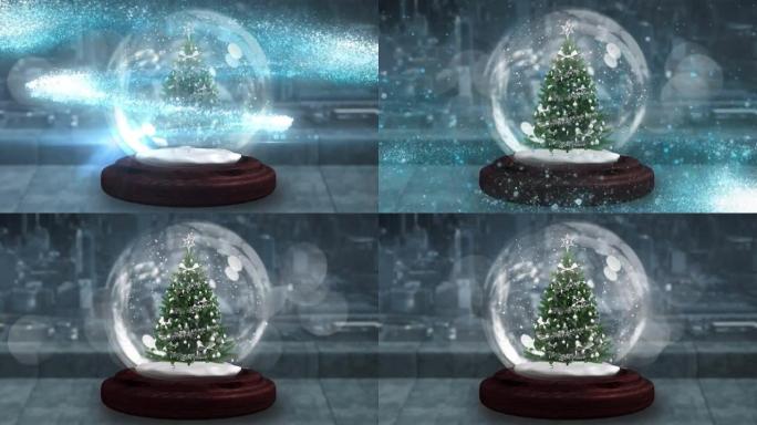 蓝色流星在木制表面上的雪球中绕着圣诞树旋转