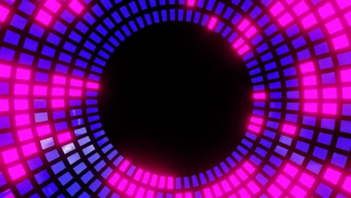 新年霓虹灯背景，无缝圆形图案背景，赛博朋克闪烁粉色和紫色颜色，循环，复制空间