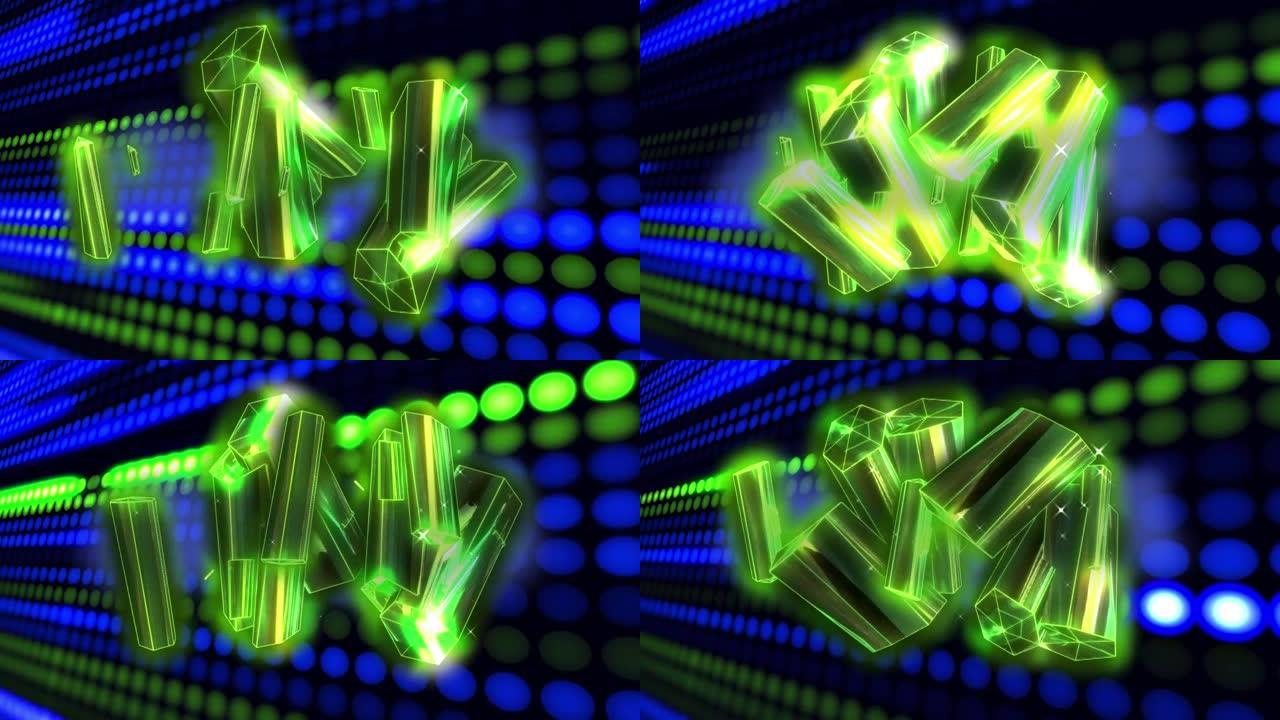 服务器处理数据的绿色和蓝色灯光上发光的绿色金属棒的动画