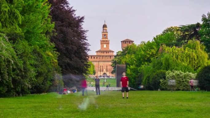 意大利日光米兰市著名公园城堡全景4k延时
