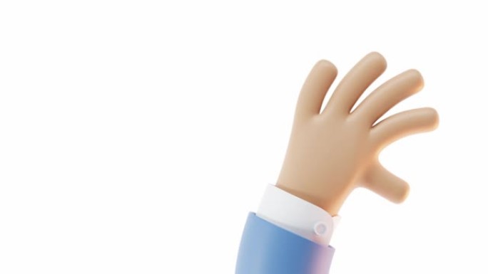 挥手打招呼。蓝色袖子中的灵活手臂男性角色张开手掌和五个手指抬起。孤立在白色背景上的卡通3d动画