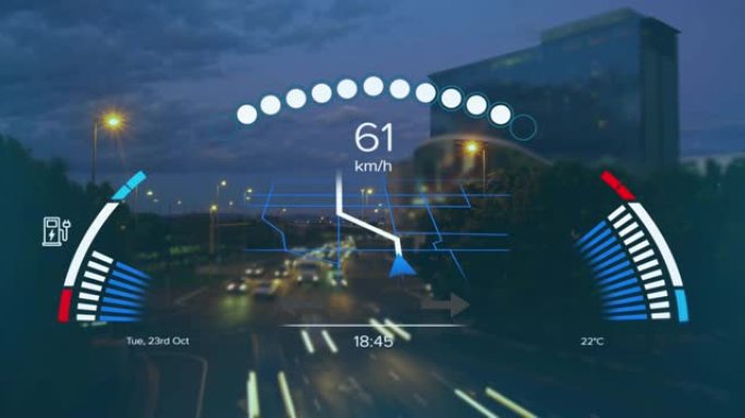 接口上的速度计，gps和充电数据的动画，在夜间加速城市交通