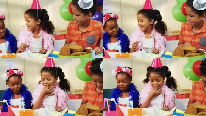 生日派对上戴着派对帽的雪落在不同孩子身上的动画