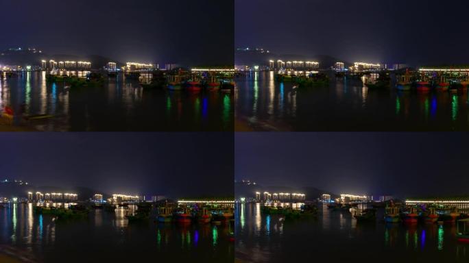 夜间照明三亚码头著名酒店大桥旋转全景4k延时海南岛中国