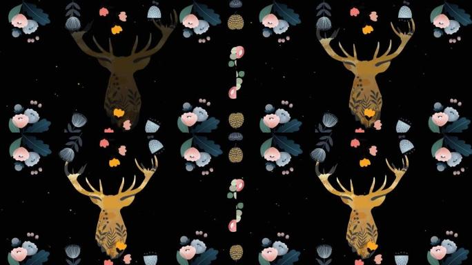黑色落雪的花朵和雄鹿头设计动画