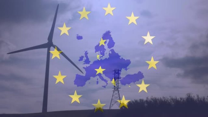 欧盟国旗旋转的星星的动画和旋转的风力涡轮机和多云的天空上的地图