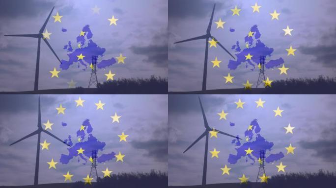欧盟国旗旋转的星星的动画和旋转的风力涡轮机和多云的天空上的地图