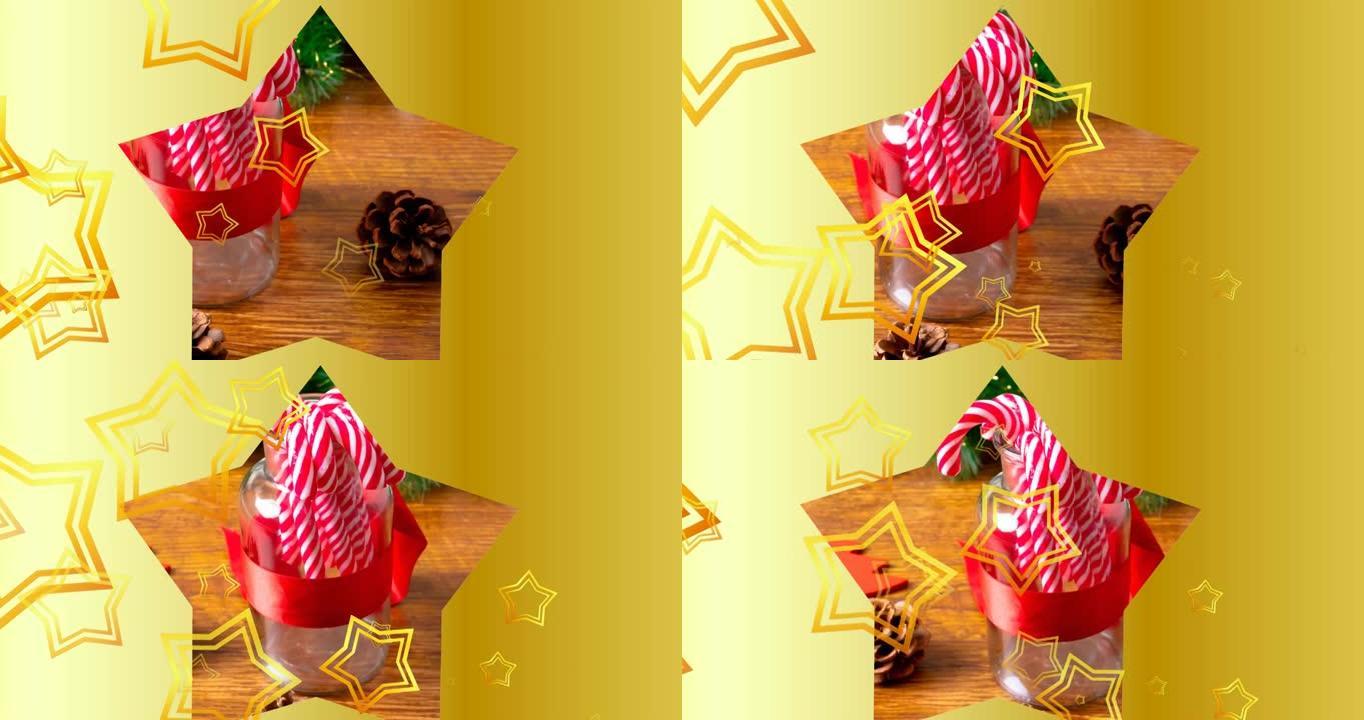 圣诞节时，星星掉落在糖果棒上的动画